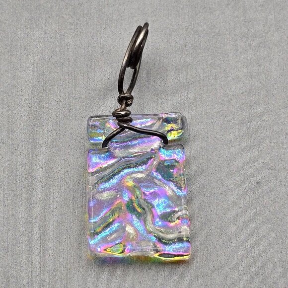 Handmade Dichroic Glass Pendant 1.25x.625" Iridescent Wavy Design Wire Wrapped - Picture 2 of 7